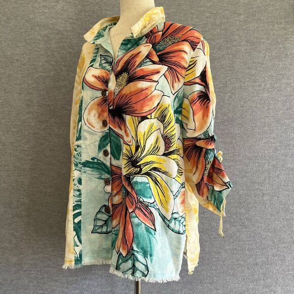 John Mark Linen Tropical Floral Top Size L Lagenlook Aloha Wired Collar Resort - Picture 1 of 15